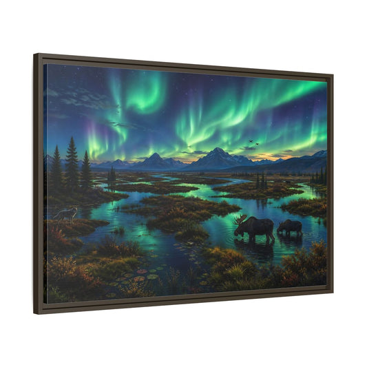 Main Mockup. Aurora Over Moose Marsh shown as framed canvas print