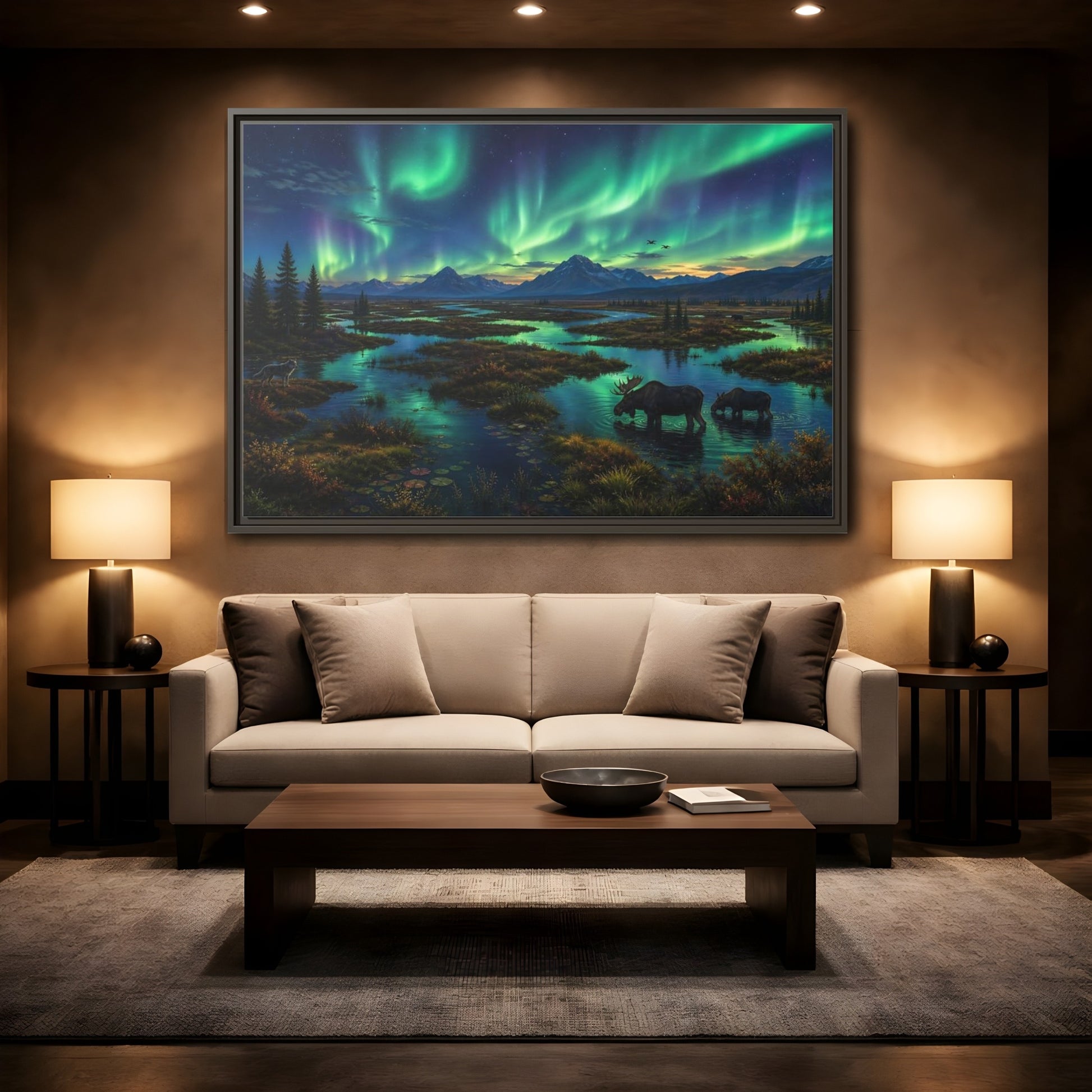 Mockup 2. Aurora Over Moose Marsh shown as framed canvas print