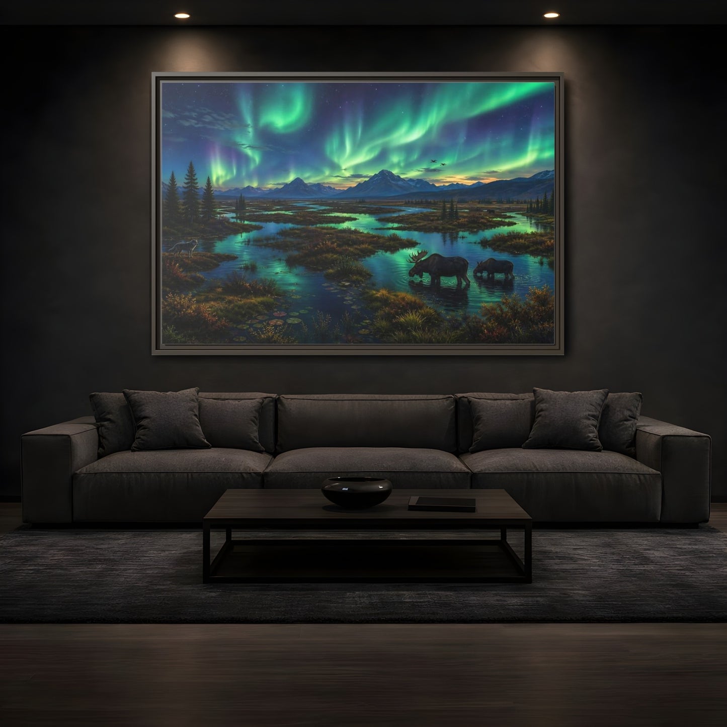 Mockup 3. Aurora Over Moose Marsh shown as framed canvas print