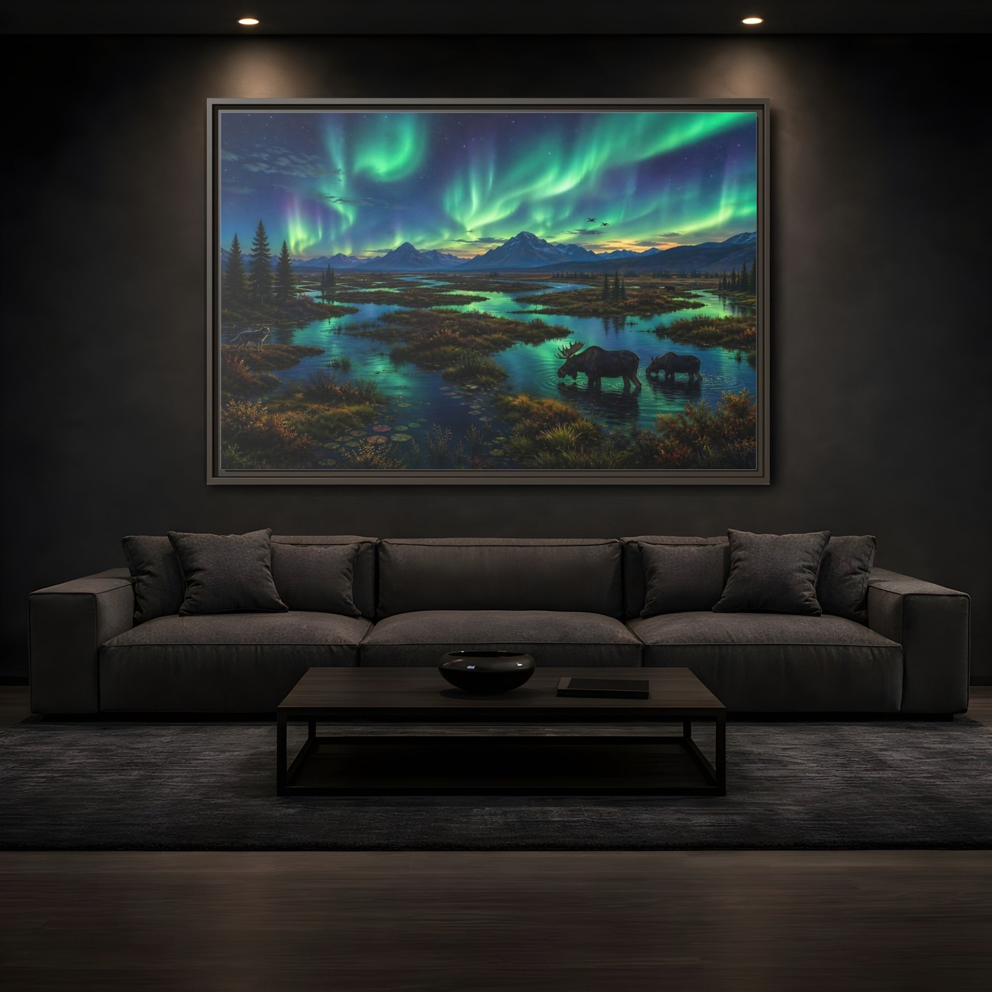 Mockup 3. Aurora Over Moose Marsh shown as framed canvas print
