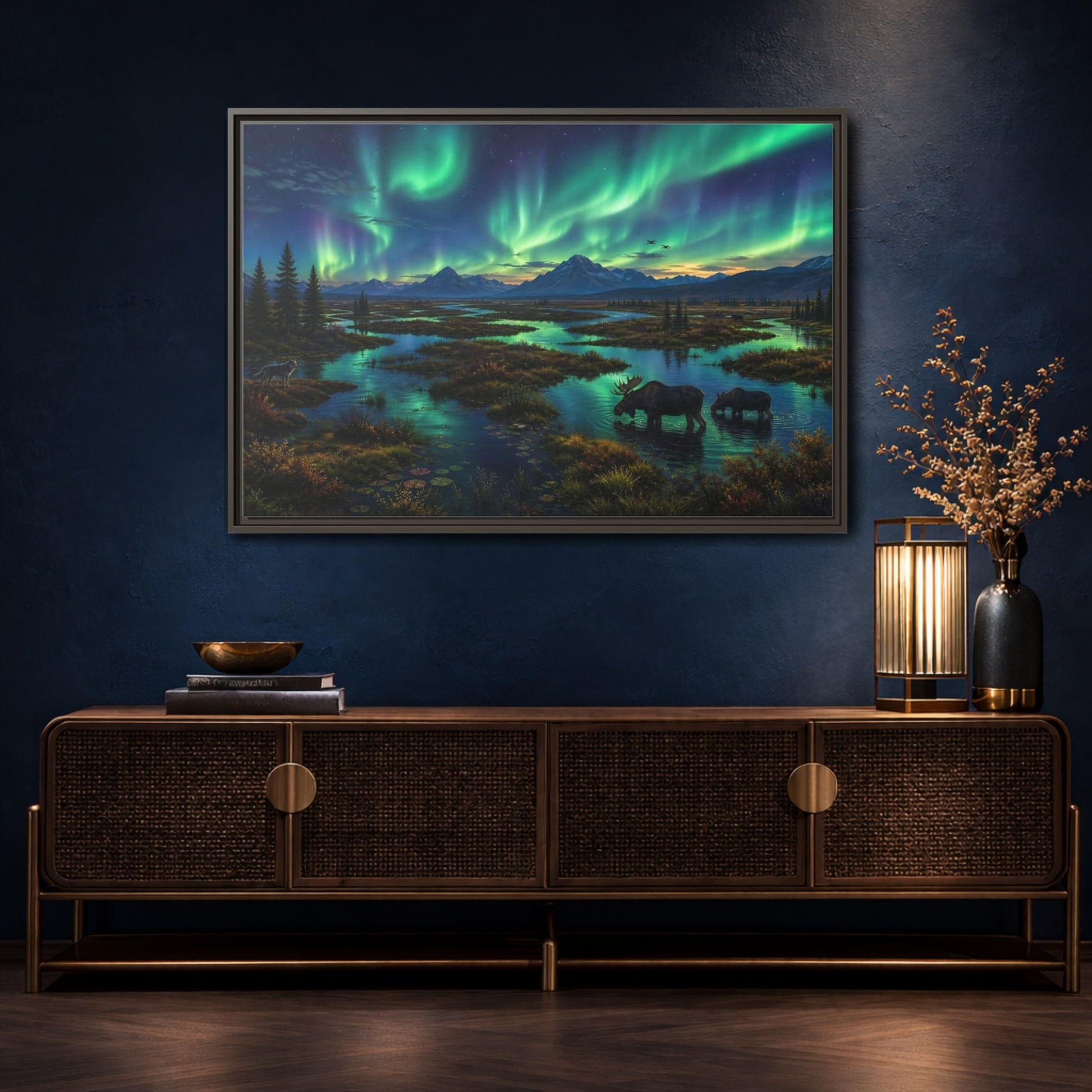 Mockup 4. Aurora Over Moose Marsh shown as framed canvas print