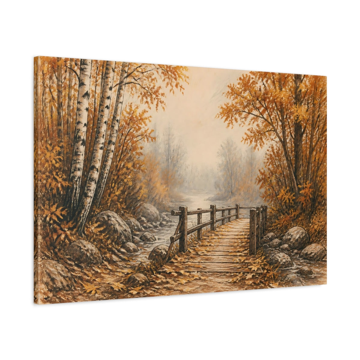 Main Mockup. Autumn Birch Footbridge shown as canvas print