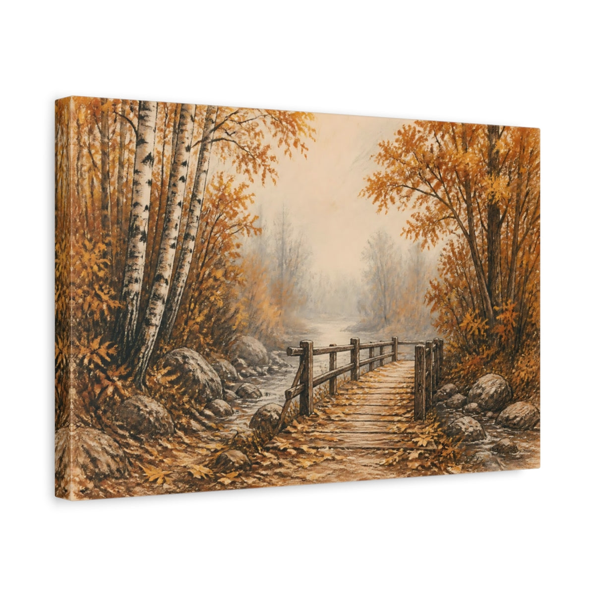 Side Mockup 4. Autumn Birch Footbridge shown as canvas print