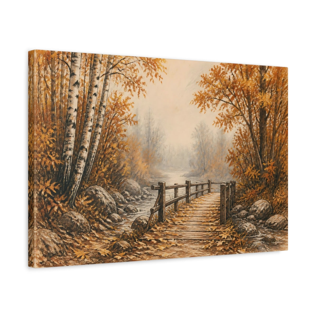 Side Mockup 3. Autumn Birch Footbridge shown as canvas print