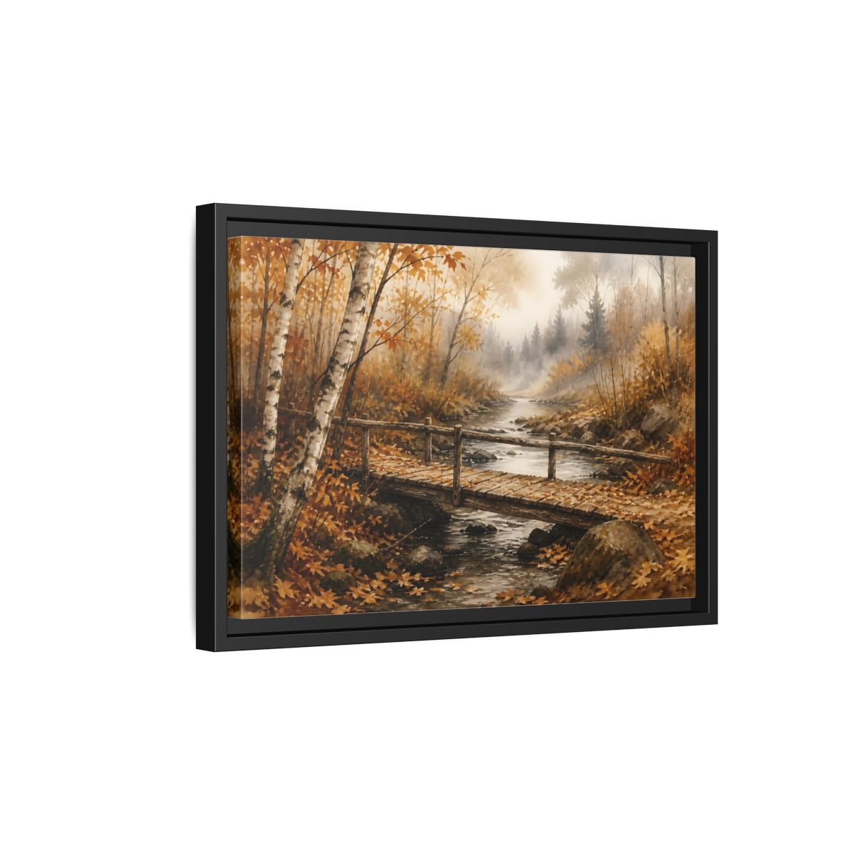 Side Mockup 6. Autumn Birch Footbridge shown as framed canvas print
