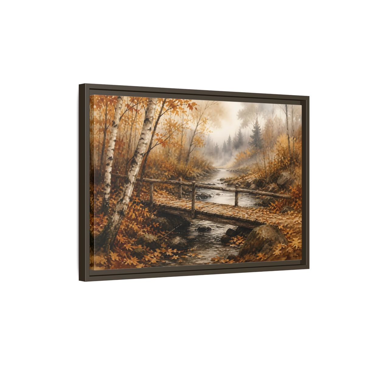 Side Mockup 2. Autumn Birch Footbridge shown as framed canvas print