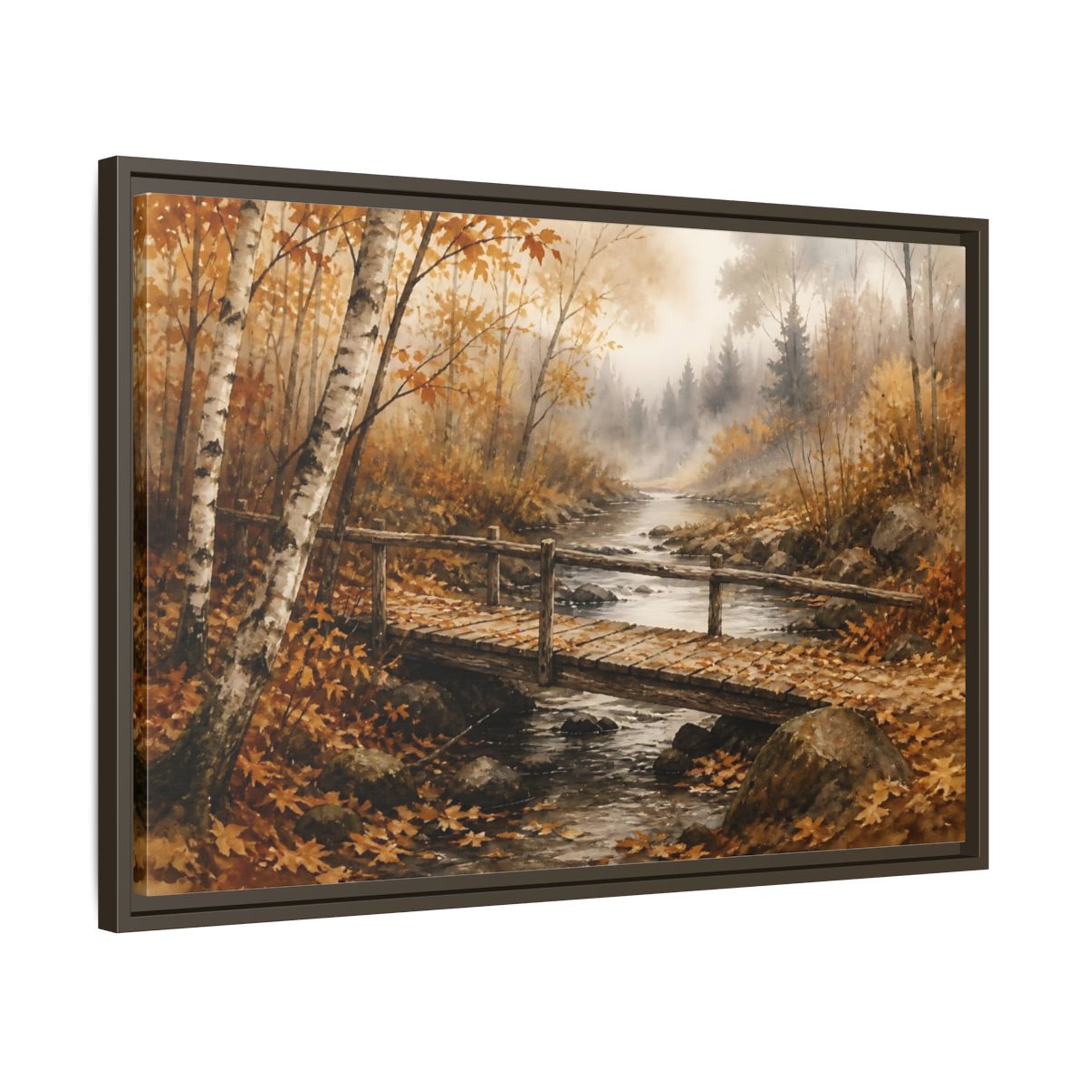 Side Mockup 11. Autumn Birch Footbridge shown as framed canvas print