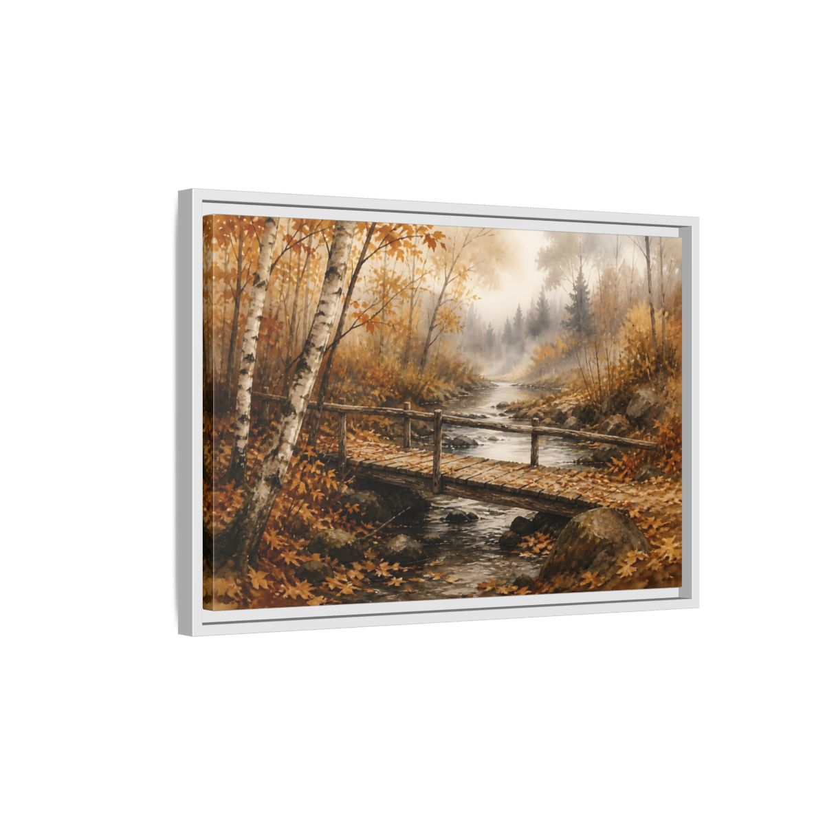 Side Mockup 1. Autumn Birch Footbridge shown as framed canvas print