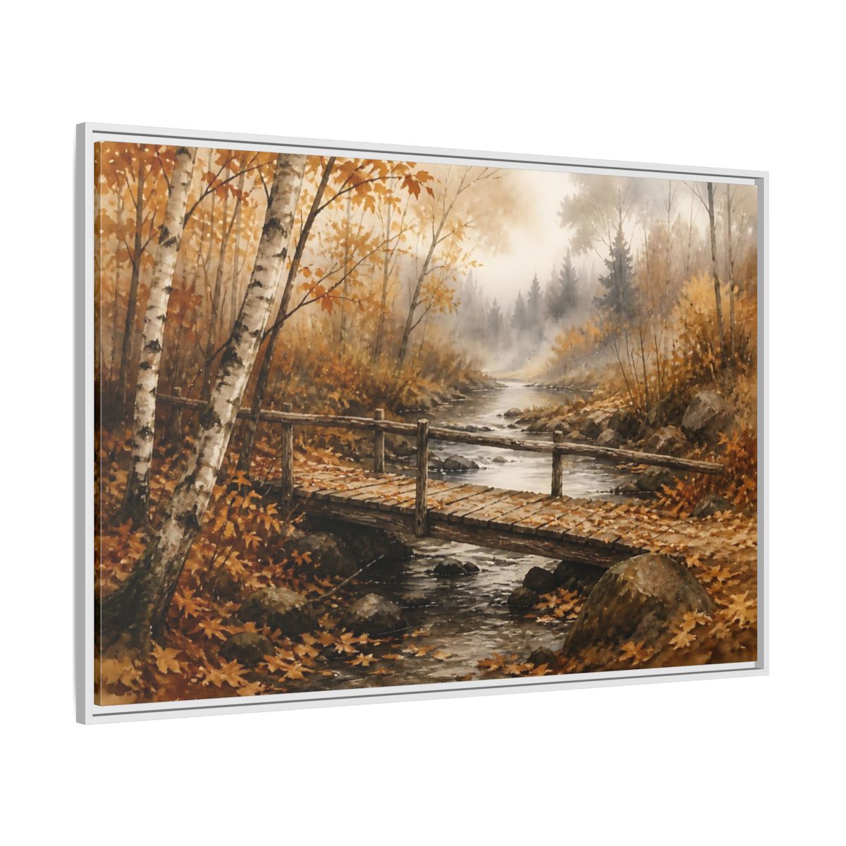 Side Mockup 7. Autumn Birch Footbridge shown as framed canvas print