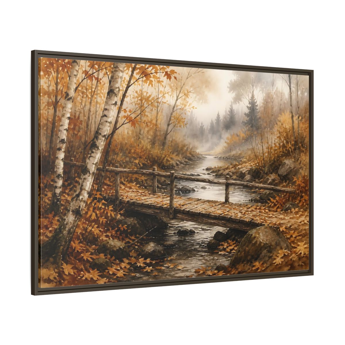 Side Mockup 8. Autumn Birch Footbridge shown as framed canvas print