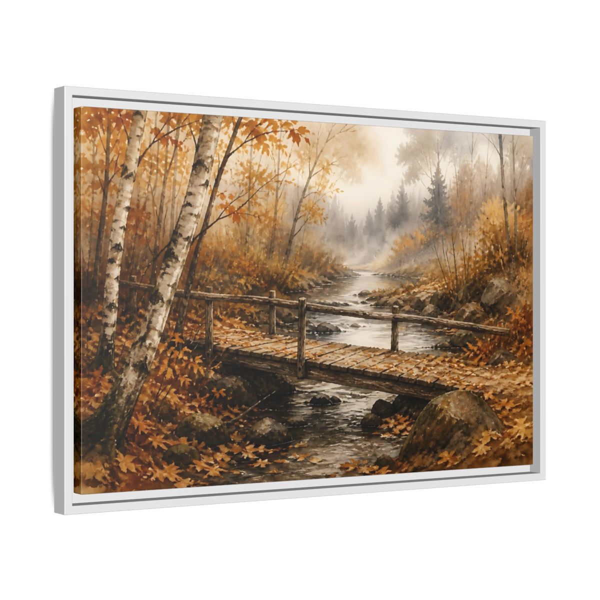 Side Mockup 10. Autumn Birch Footbridge shown as framed canvas print