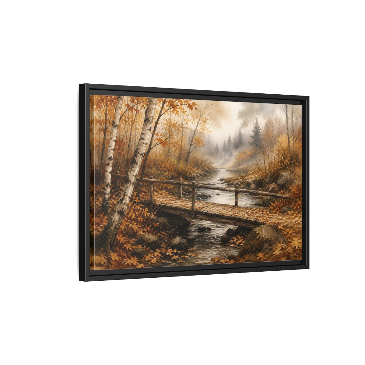 Side Mockup 3. Autumn Birch Footbridge shown as framed canvas print