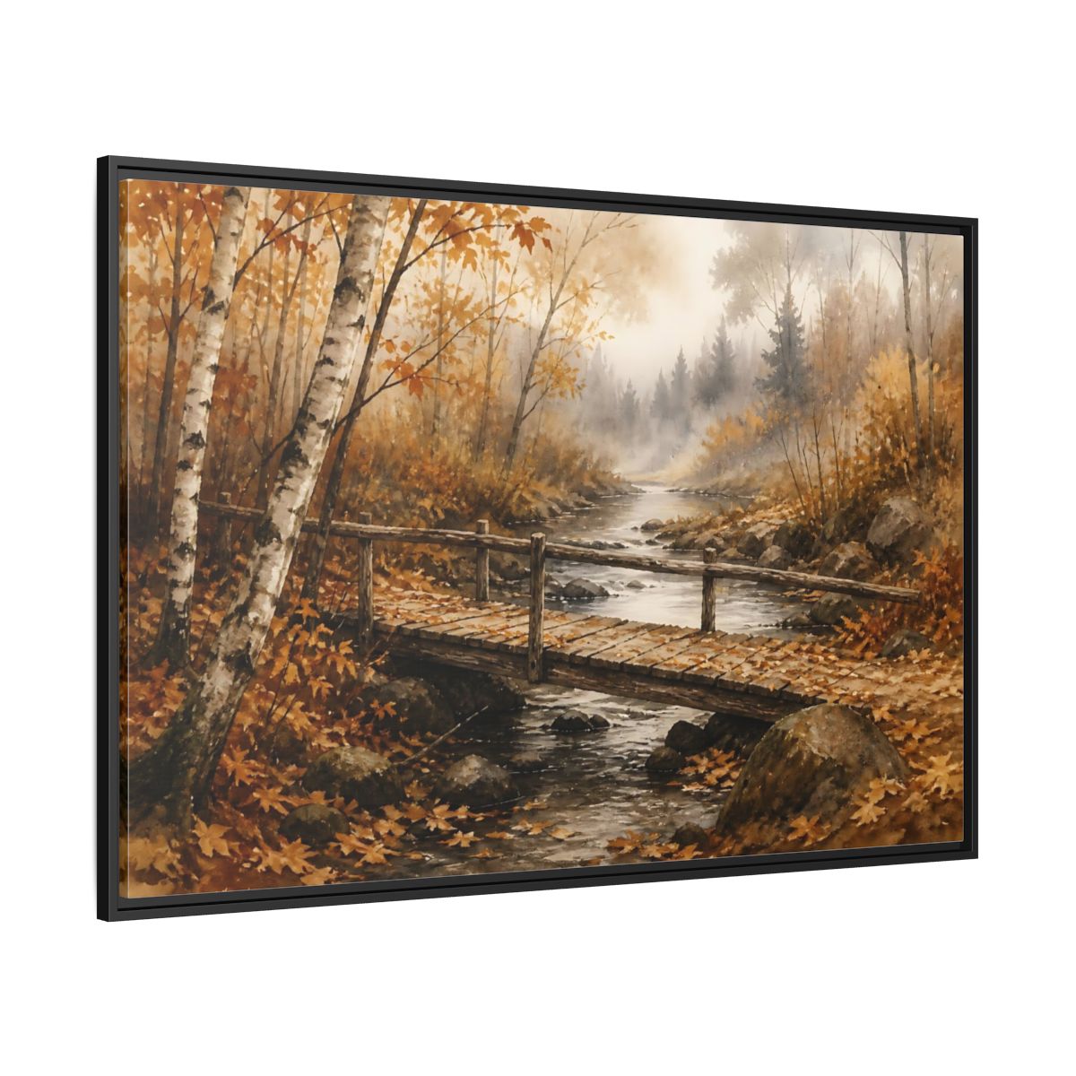 Side Mockup 12. Autumn Birch Footbridge shown as framed canvas print