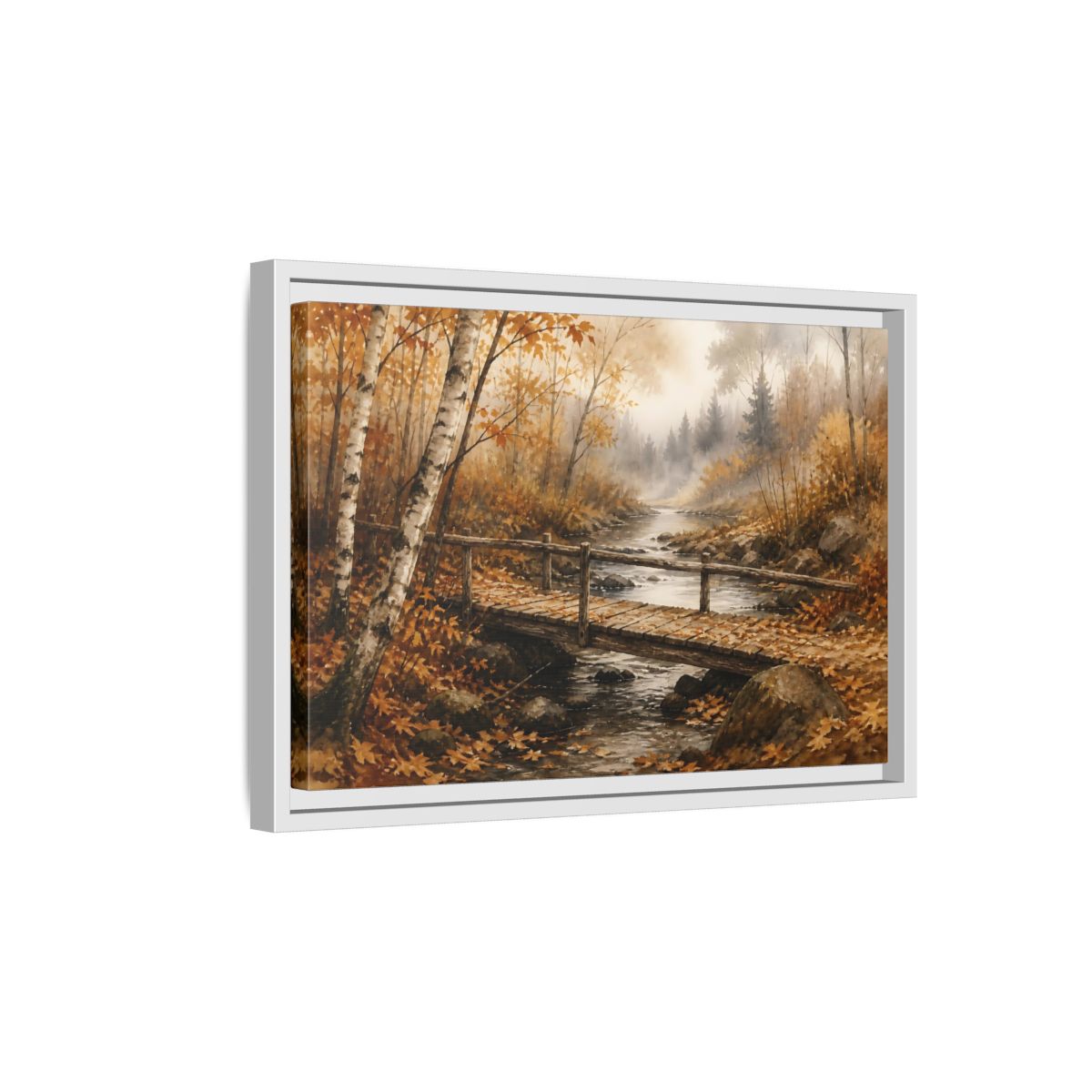 Side Mockup 4. Autumn Birch Footbridge shown as framed canvas print