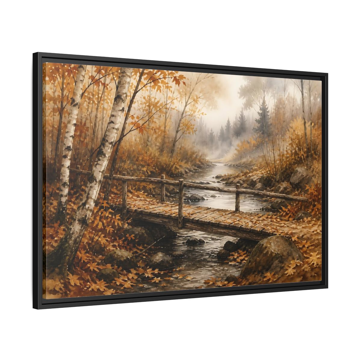 Side Mockup 13. Autumn Birch Footbridge shown as framed canvas print