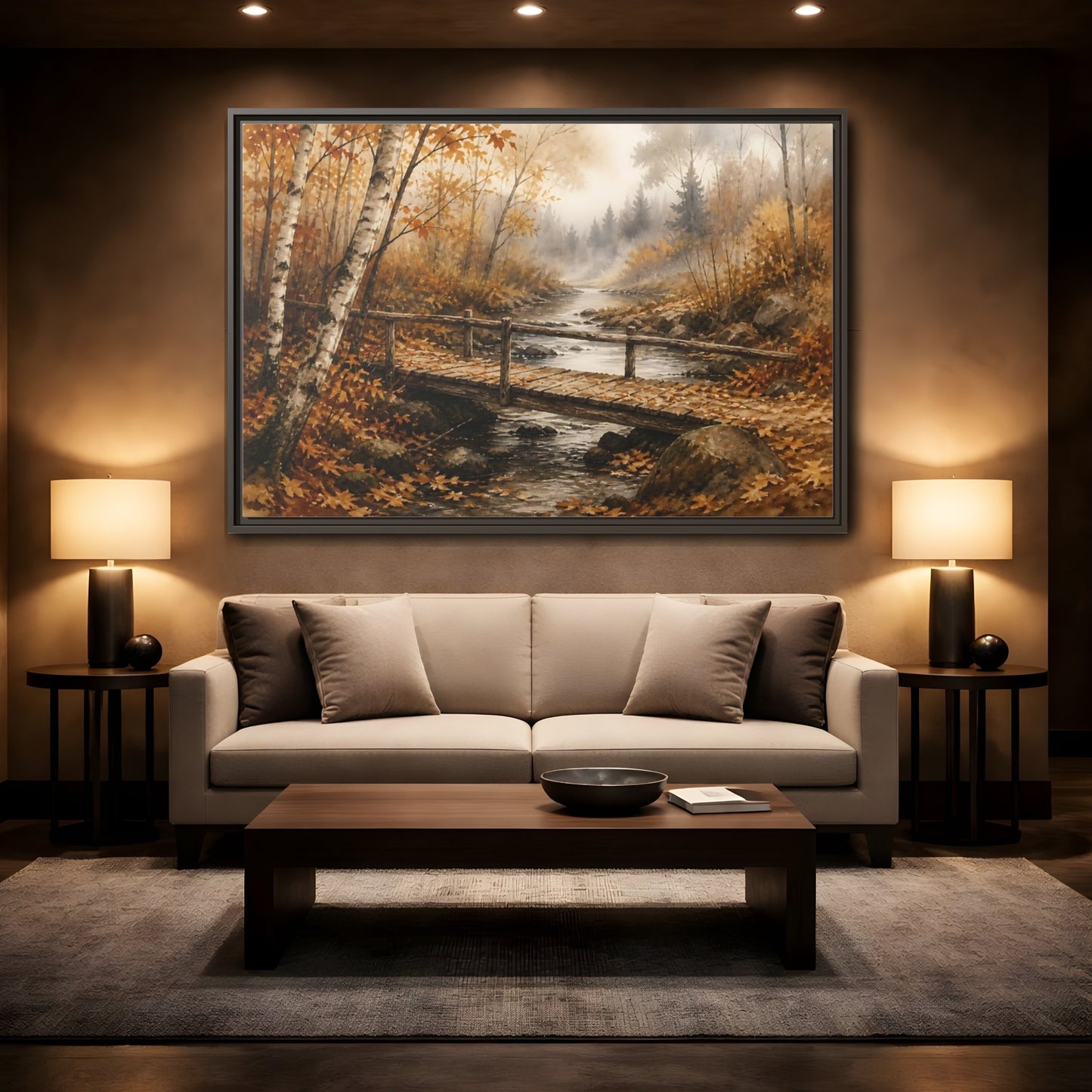 Mockup 2. Autumn Birch Footbridge shown as framed canvas print