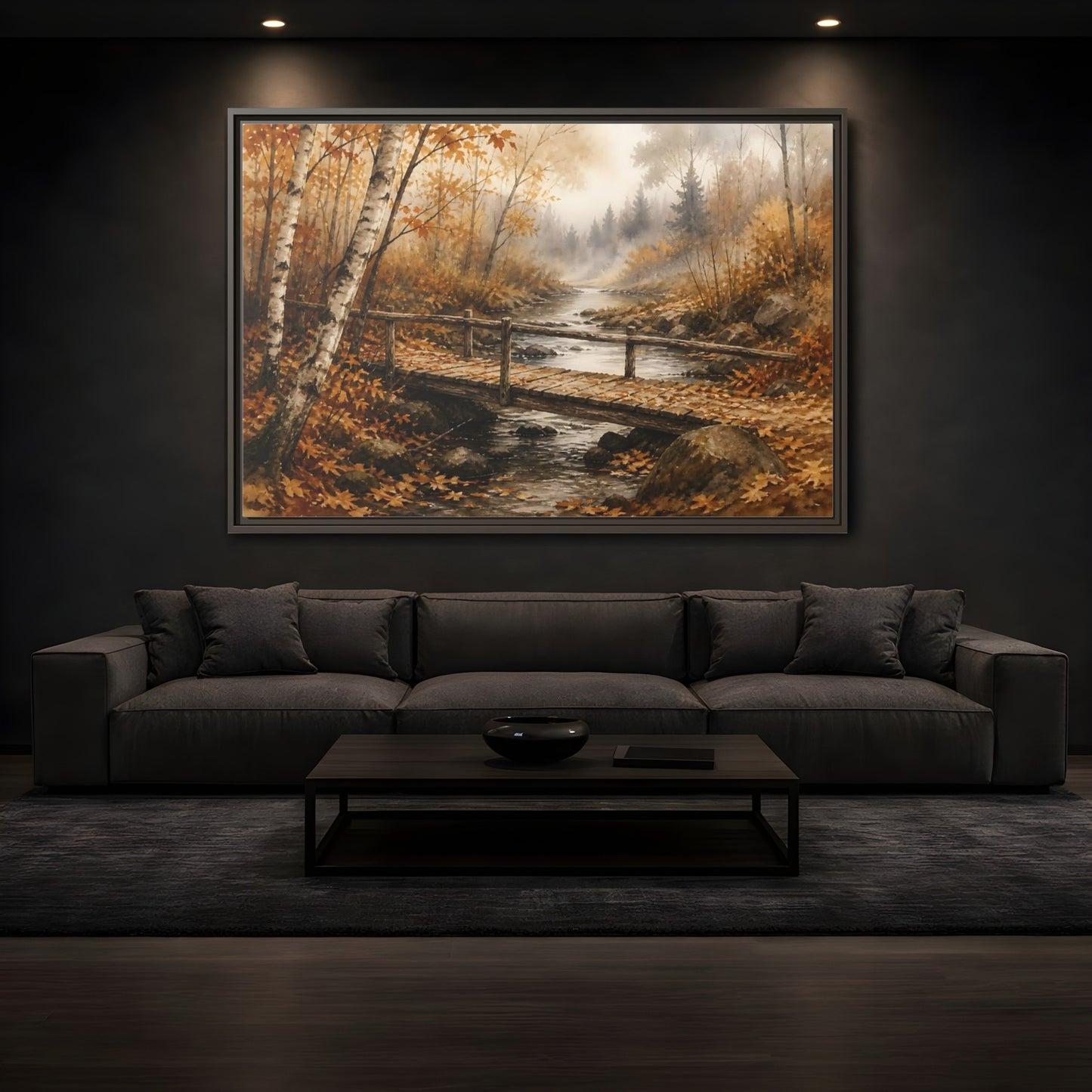 Mockup 3. Autumn Birch Footbridge shown as framed canvas print