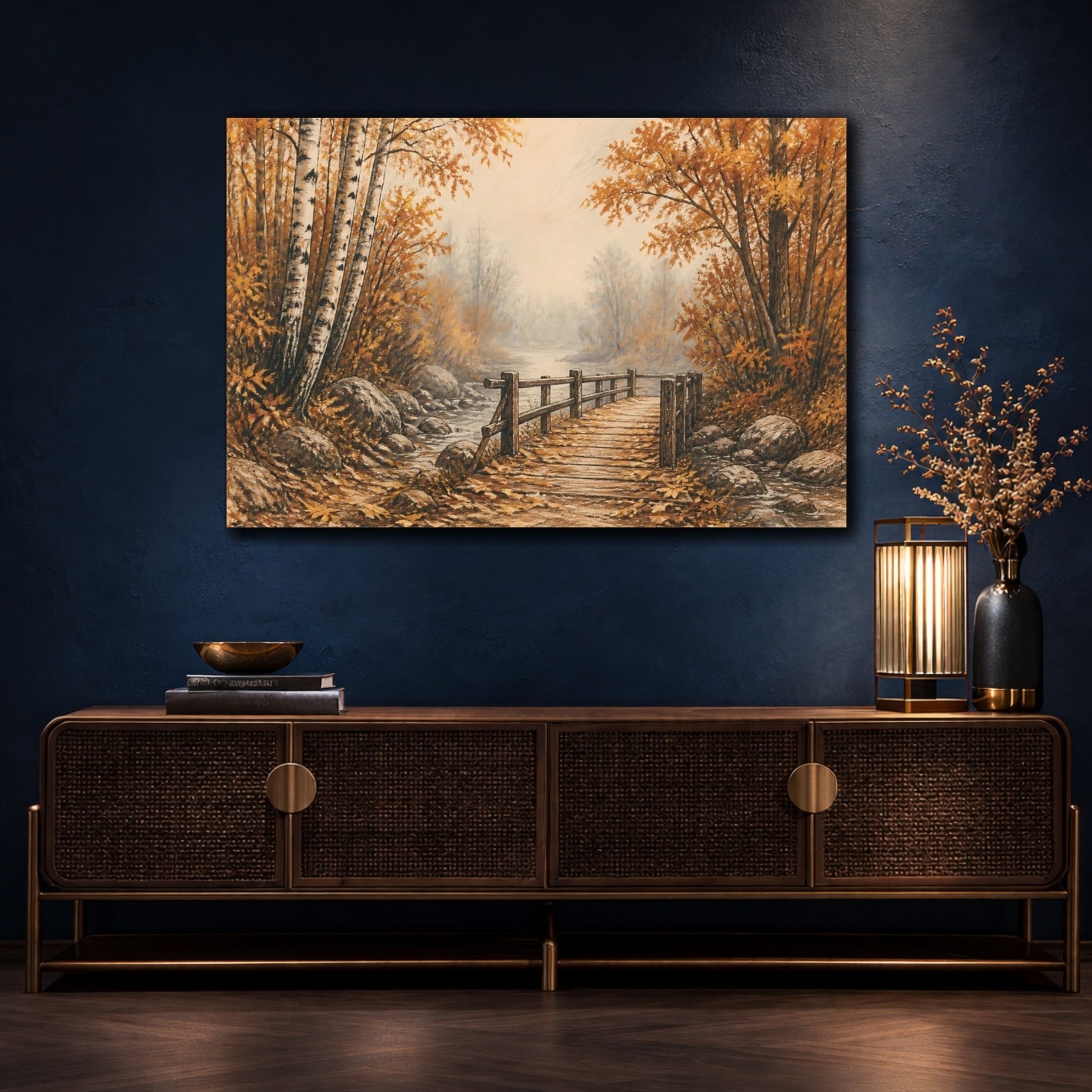 Mockup 4. Autumn Birch Footbridge shown as canvas print