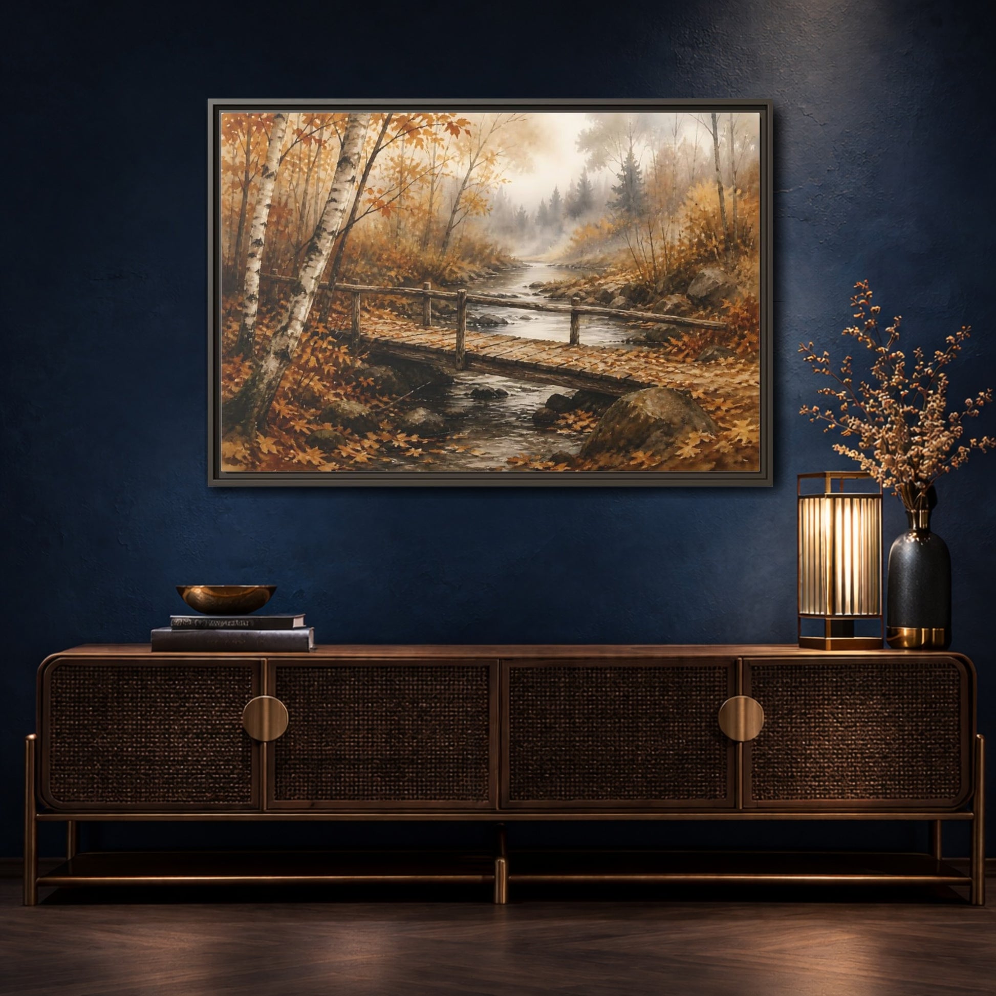 Mockup 4. Autumn Birch Footbridge shown as framed canvas print