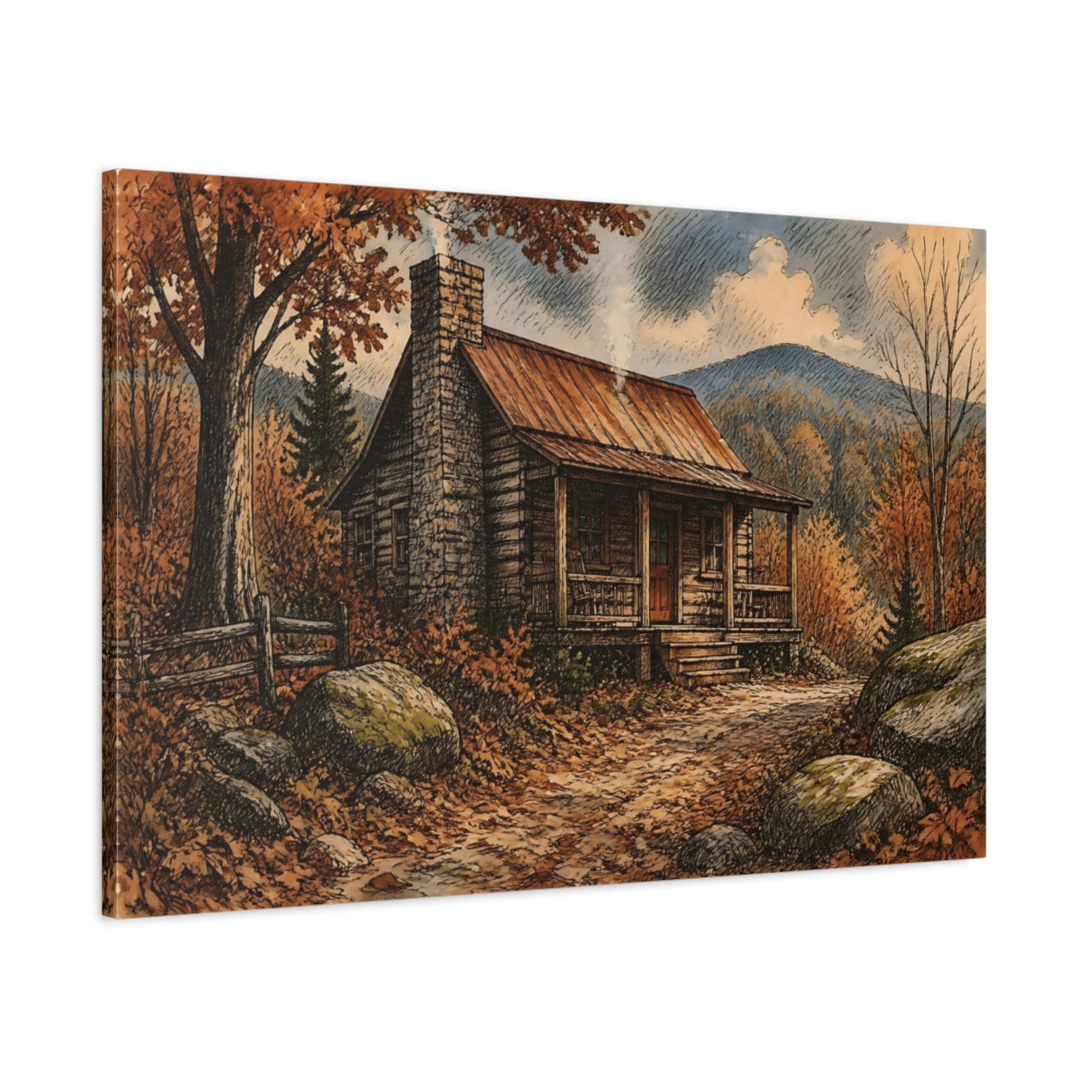 Main Mockup. Autumn Cabin Retreat shown as canvas print