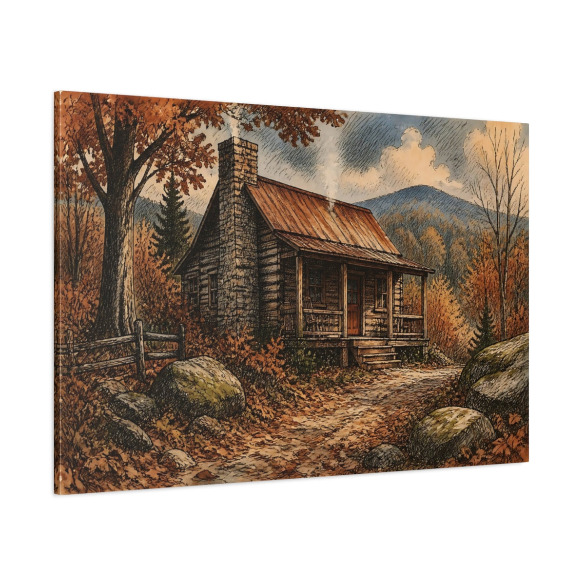 Side Mockup 1. Autumn Cabin Retreat shown as canvas print