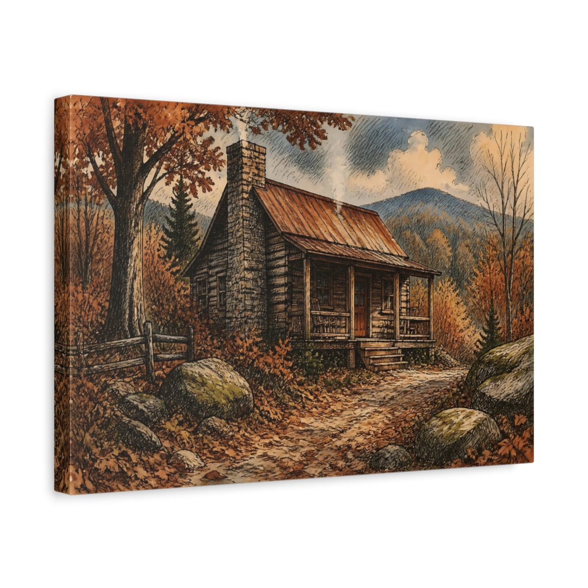 Side Mockup 4. Autumn Cabin Retreat shown as canvas print