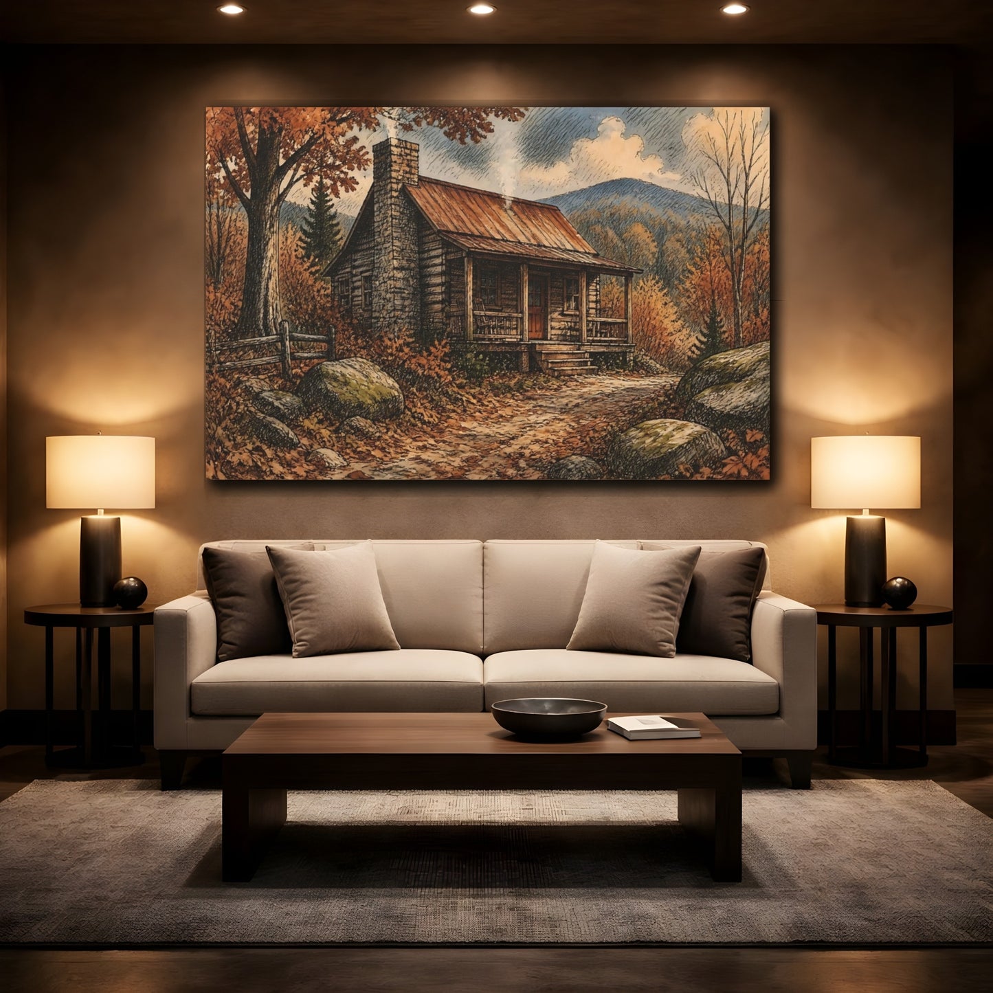 Mockup 2. Autumn Cabin Retreat shown as canvas print