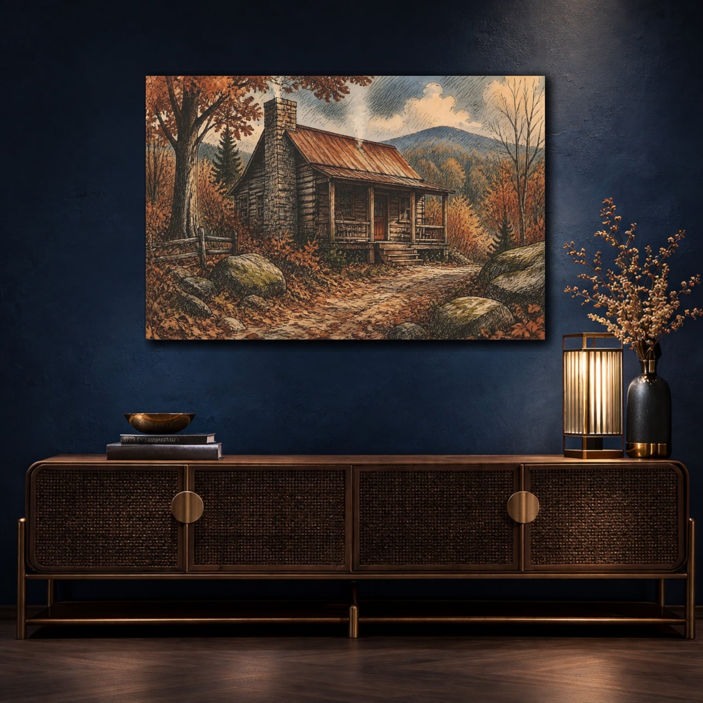 Mockup 4. Autumn Cabin Retreat shown as canvas print