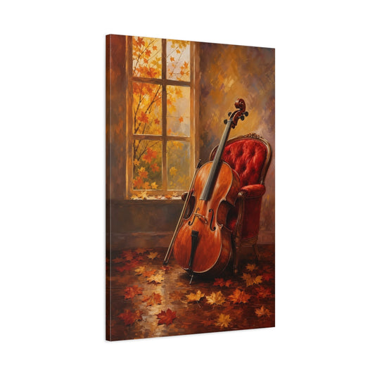 Main Mockup. Autumn Cello By Window shown as canvas print