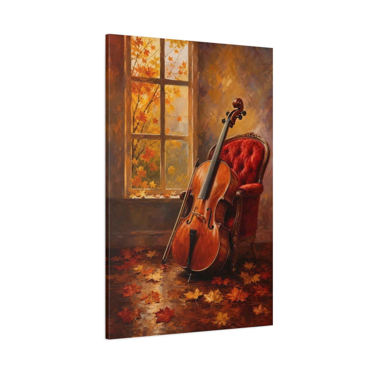 Side Mockup 1. Autumn Cello By Window shown as canvas print
