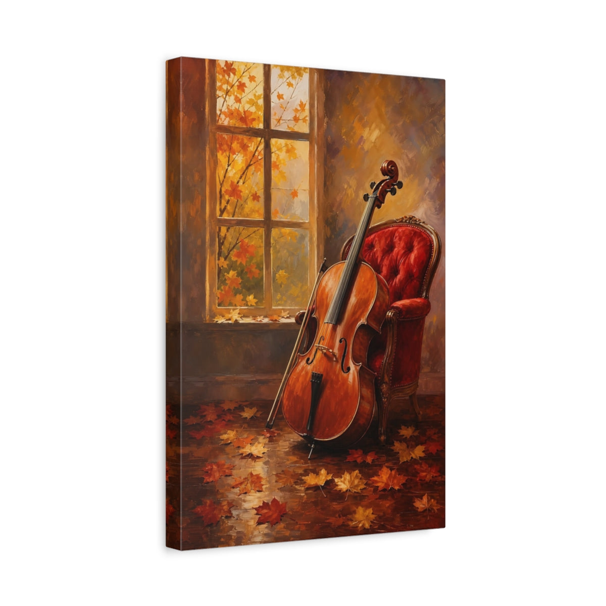 Side Mockup 4. Autumn Cello By Window shown as canvas print