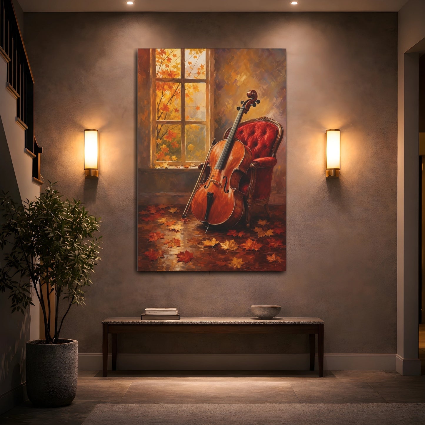 Mockup 2. Autumn Cello By Window shown as canvas print