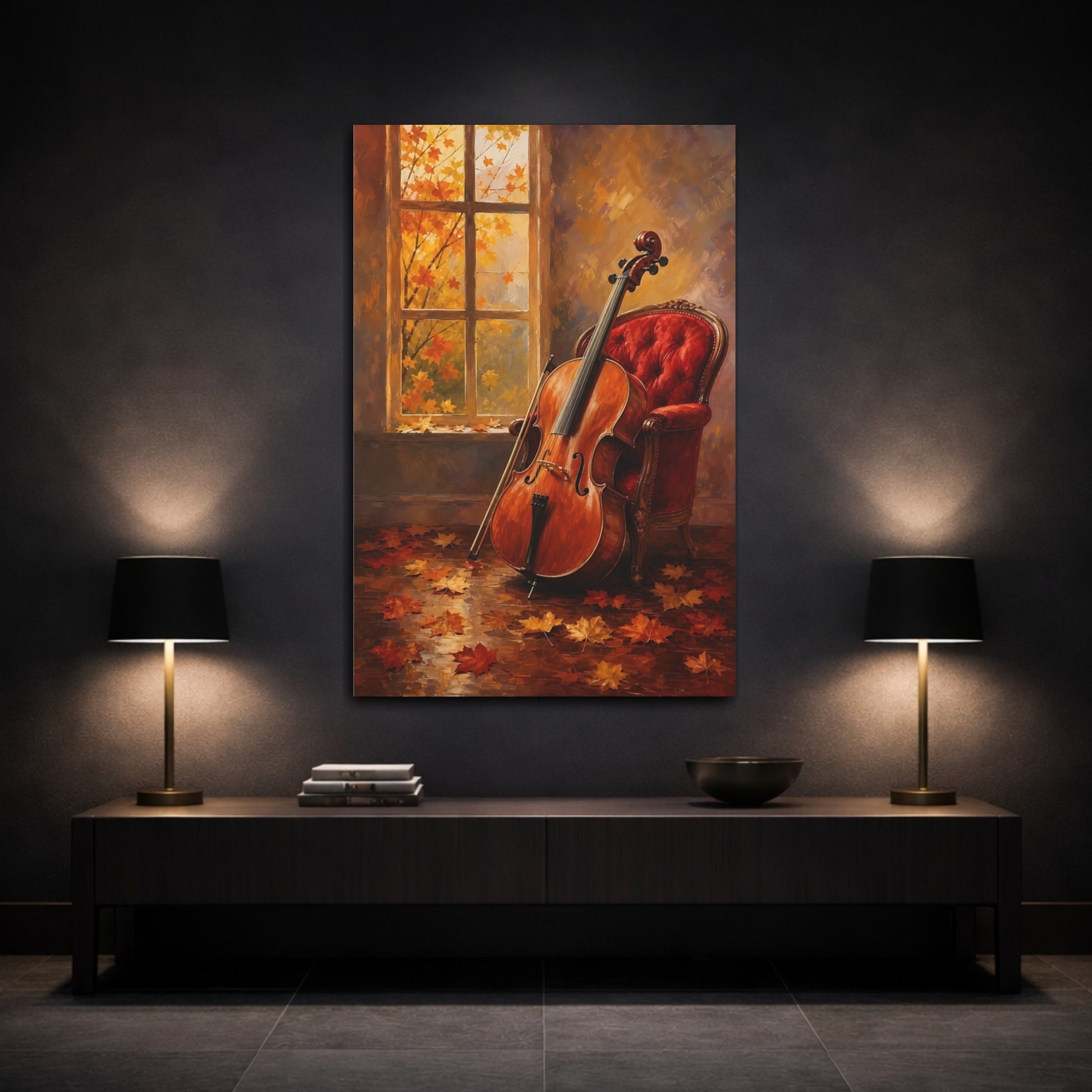Mockup 3. Autumn Cello By Window shown as canvas print