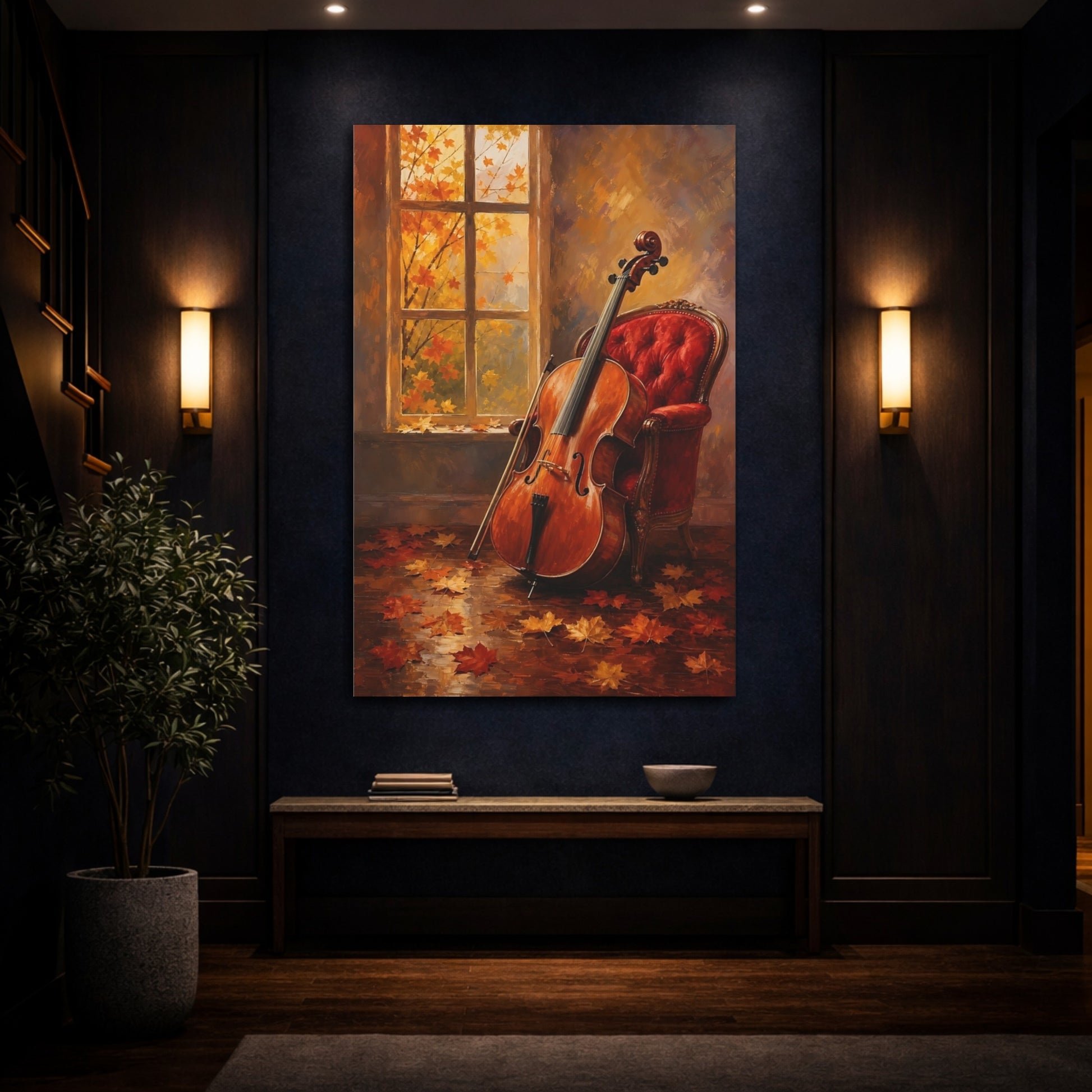 Mockup 4. Autumn Cello By Window shown as canvas print