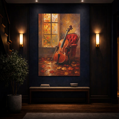 Mockup 4. Autumn Cello By Window shown as canvas print
