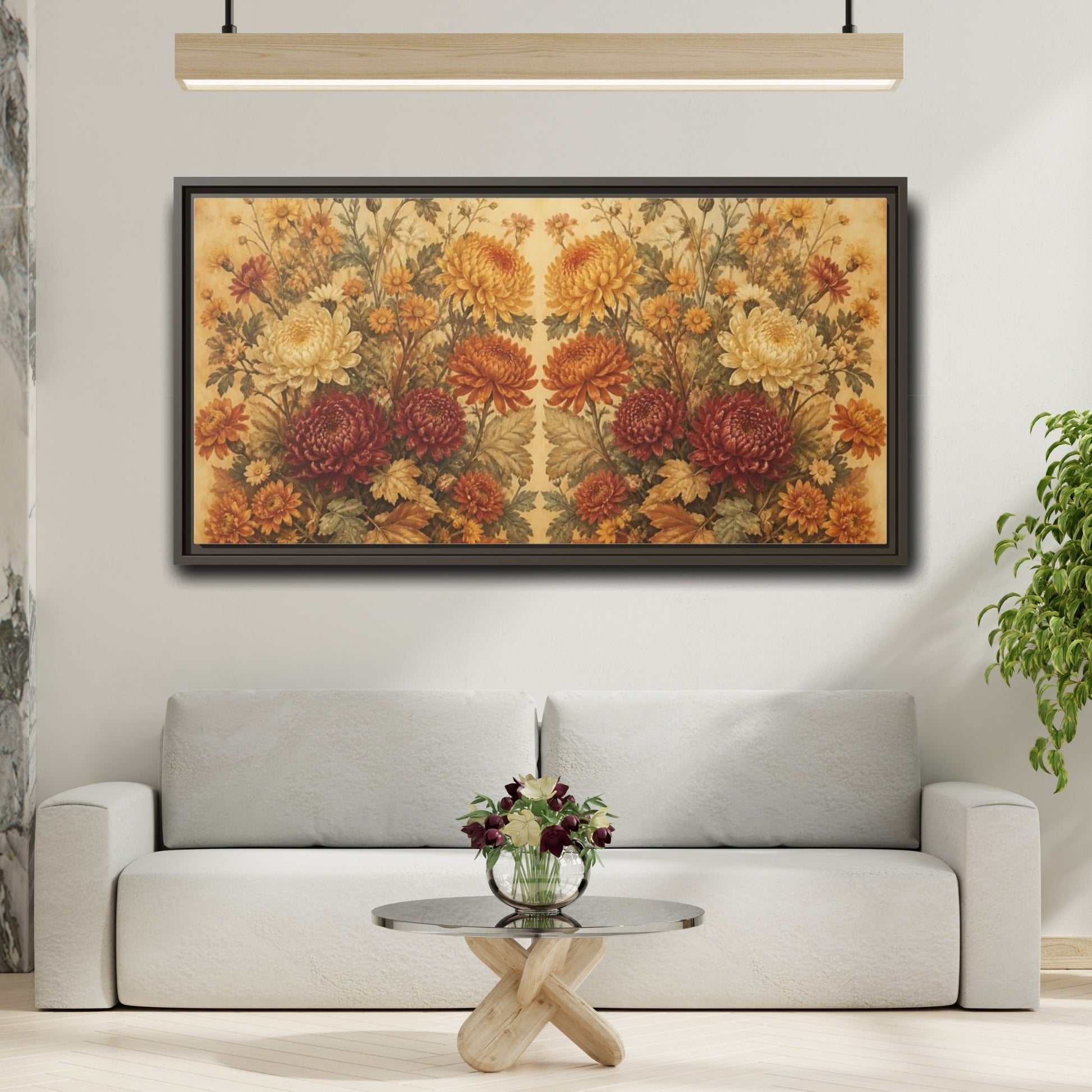 Mockup 2. Autumn Chrysanthemum Bouquet shown as framed canvas print