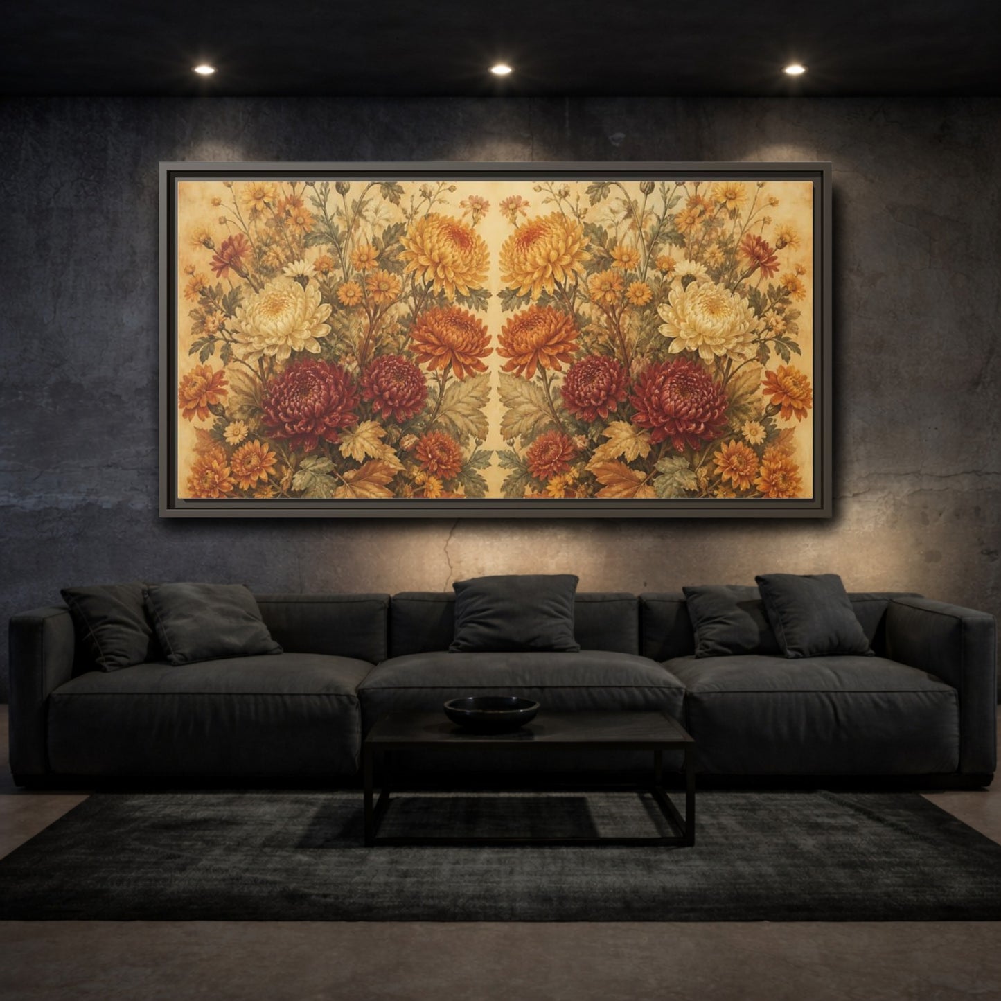 Mockup 3. Autumn Chrysanthemum Bouquet shown as framed canvas print