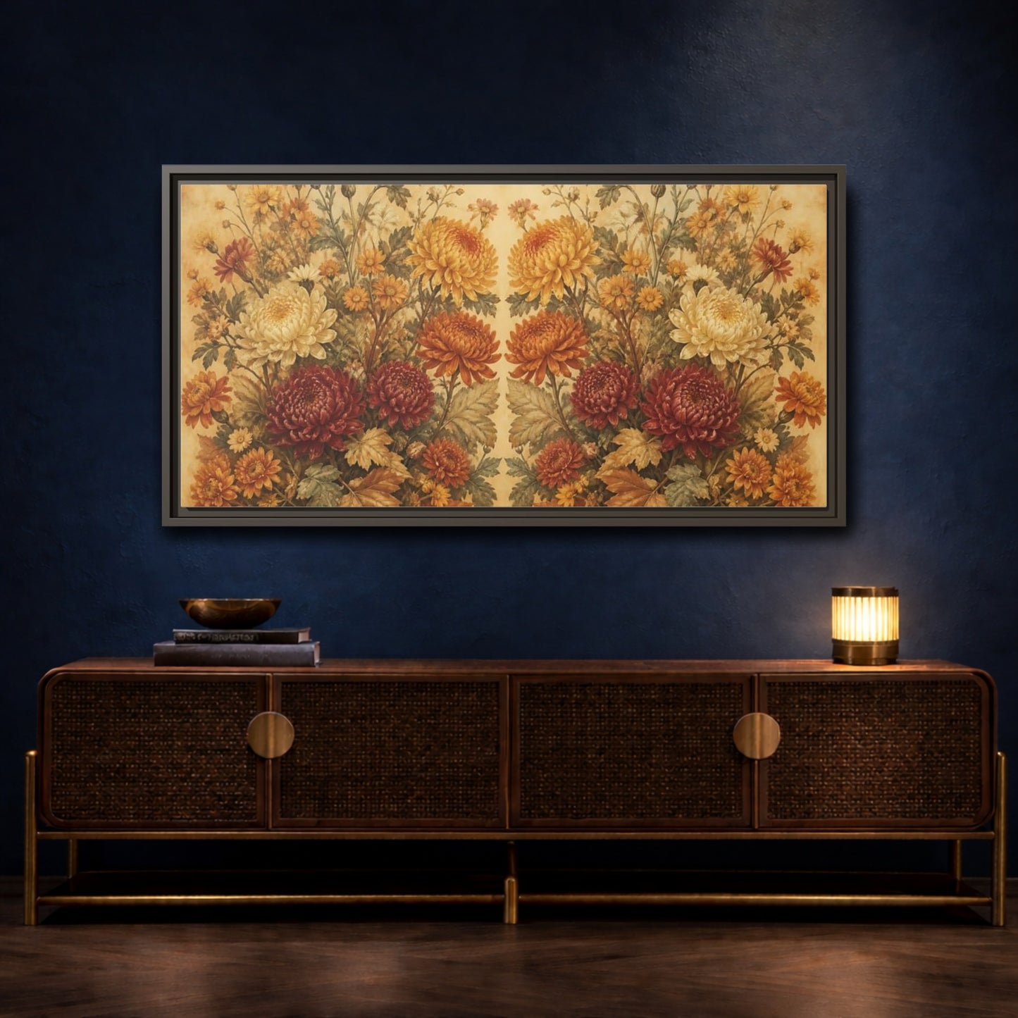 Mockup 4. Autumn Chrysanthemum Bouquet shown as framed canvas print