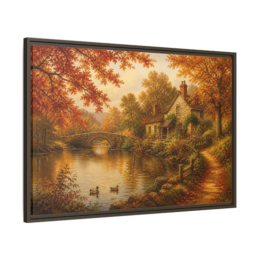 Main Mockup. Autumn Cottage By The River shown as framed canvas print