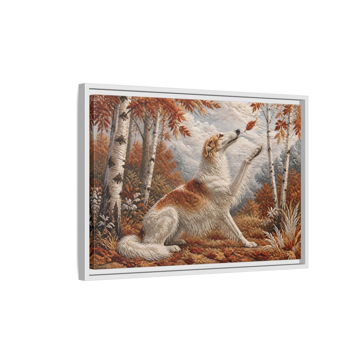 Side Mockup 1. Autumn Dog In Birchwood shown as framed canvas print