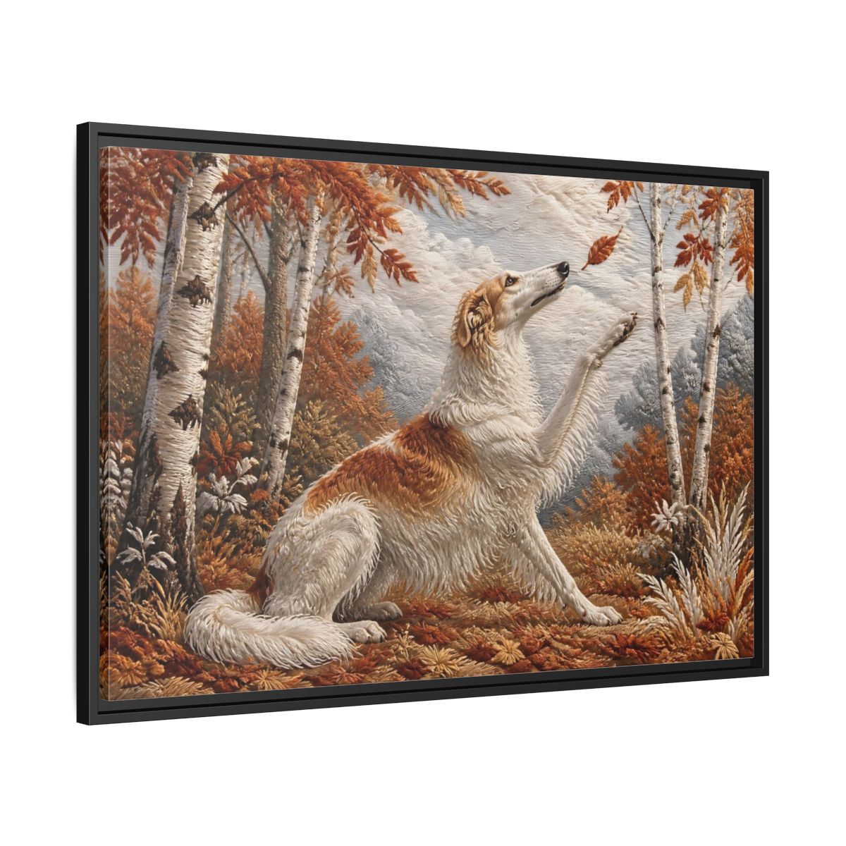 Side Mockup 13. Autumn Dog In Birchwood shown as framed canvas print