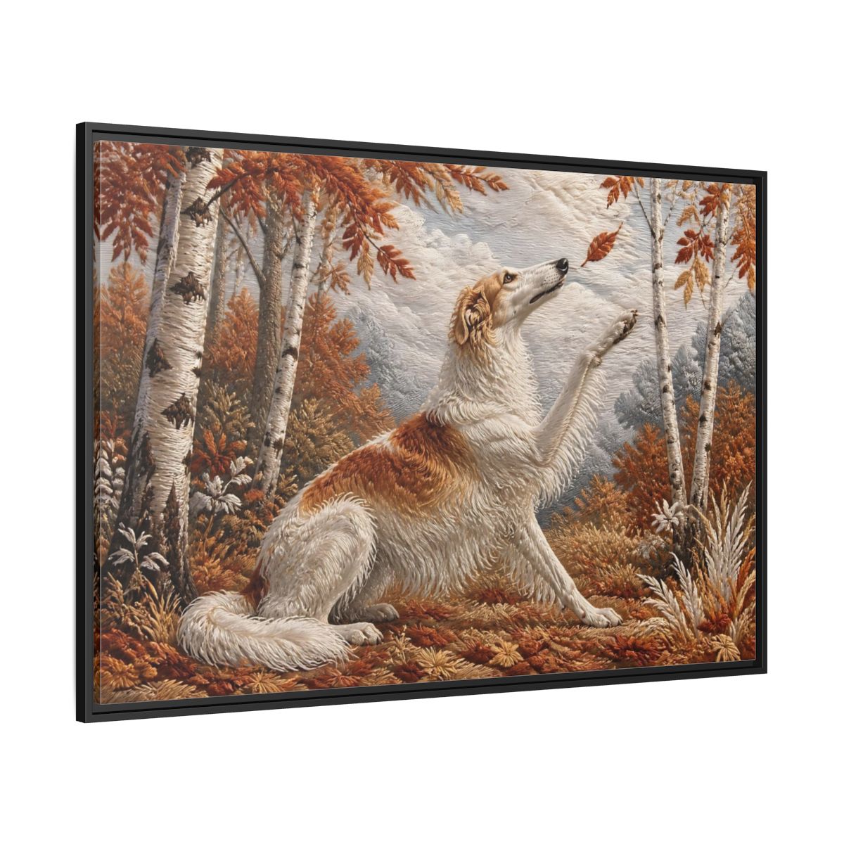 Side Mockup 12. Autumn Dog In Birchwood shown as framed canvas print