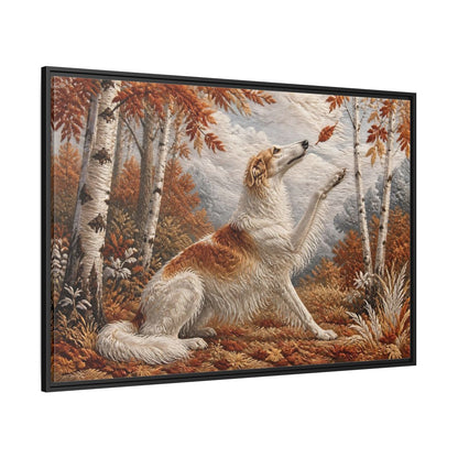 Side Mockup 12. Autumn Dog In Birchwood shown as framed canvas print