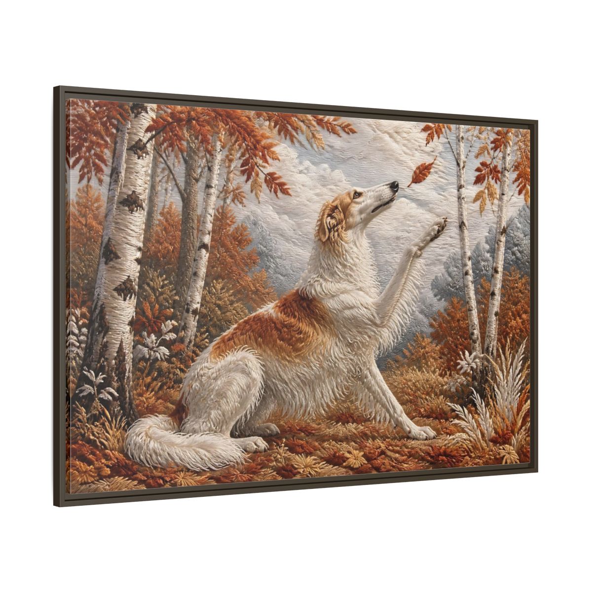 Side Mockup 8. Autumn Dog In Birchwood shown as framed canvas print