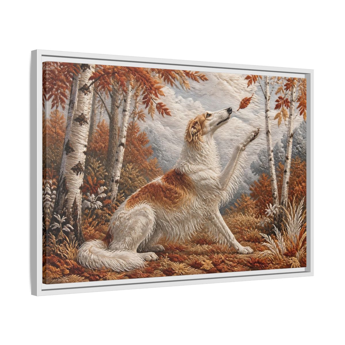 Side Mockup 10. Autumn Dog In Birchwood shown as framed canvas print