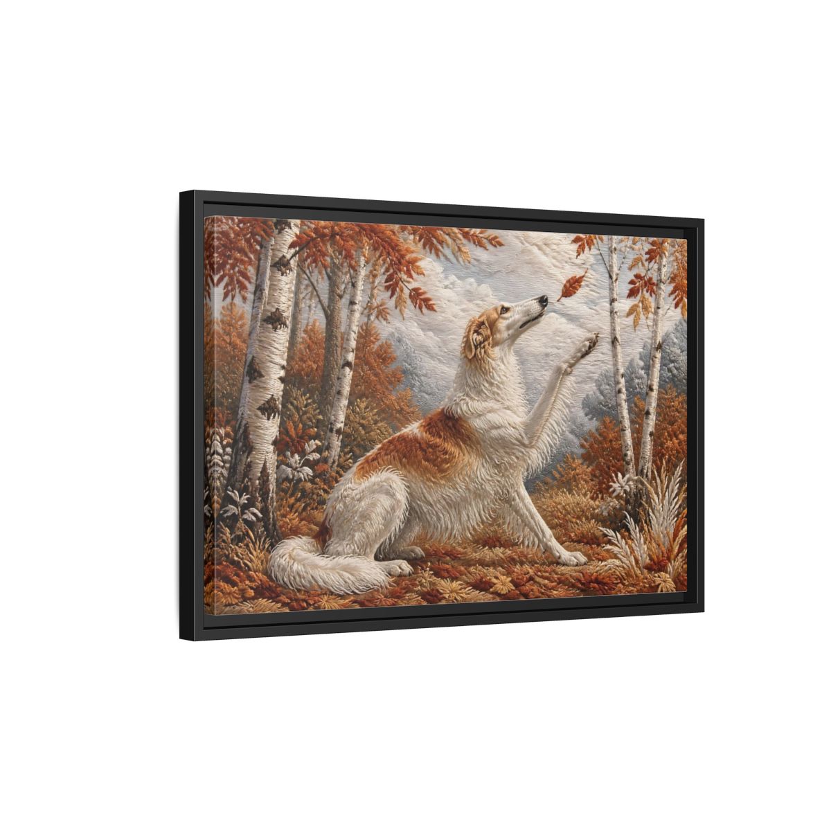Side Mockup 3. Autumn Dog In Birchwood shown as framed canvas print