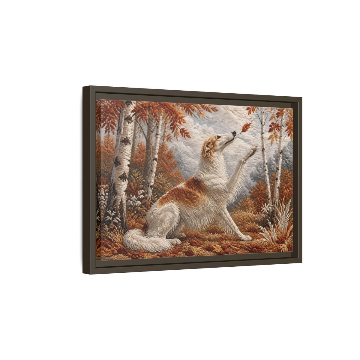 Side Mockup 5. Autumn Dog In Birchwood shown as framed canvas print