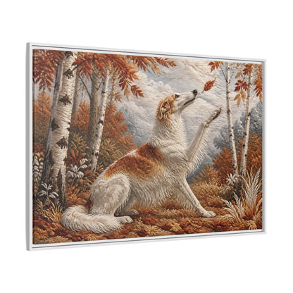 Side Mockup 7. Autumn Dog In Birchwood shown as framed canvas print