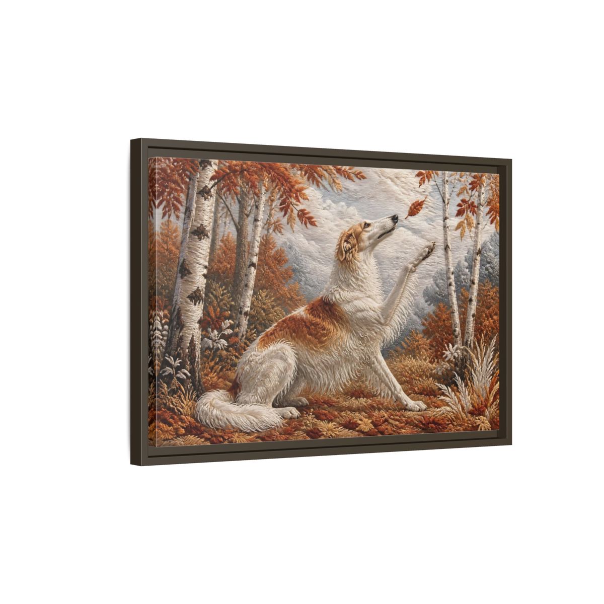 Side Mockup 2. Autumn Dog In Birchwood shown as framed canvas print