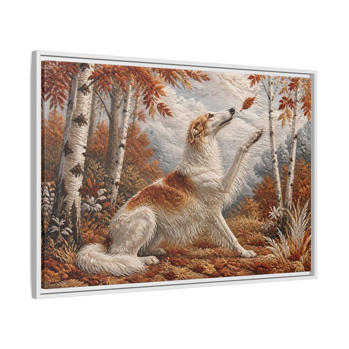 Side Mockup 9. Autumn Dog In Birchwood shown as framed canvas print